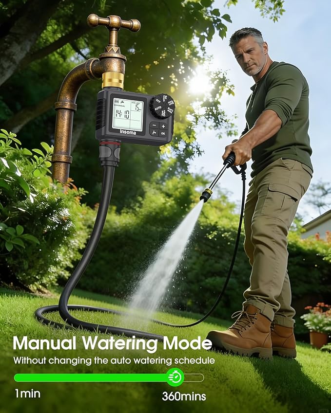 Water Timer for Garden Hose with Brass Inlet & Outlet, 1 Outlet Sprinkler Timer with Auto/Manual/Rain Delay Mode, Large LCD Display, Easy Programming Hose Timers for Lawn Garden Yard Vacation Watering