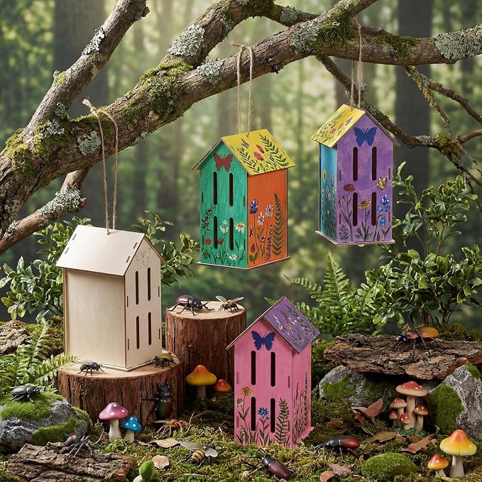 DoubleFill 48 Pack Wood Butterfly House Painting Crafts Kits My First Butterfly House DIY Art Craft Kit with Hemp Rope DIY Cedar Wooden Birdhouse for Building Bee Ladybug Habitat (No Paint