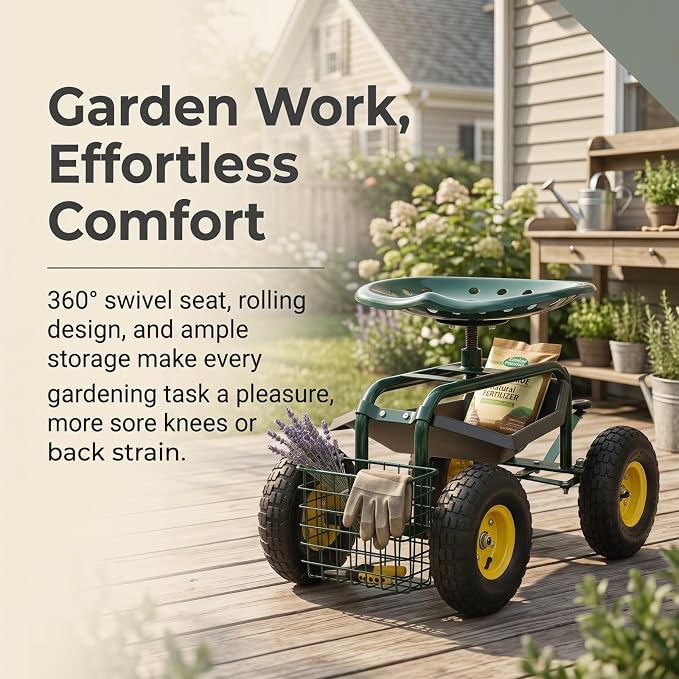 Kintness Garden Cart Rolling Wagon Scooter for Planting Swivel Work Seat with Tool Storage Utility Basket, Garden Scooter with 10" inch Wheel for Garden
