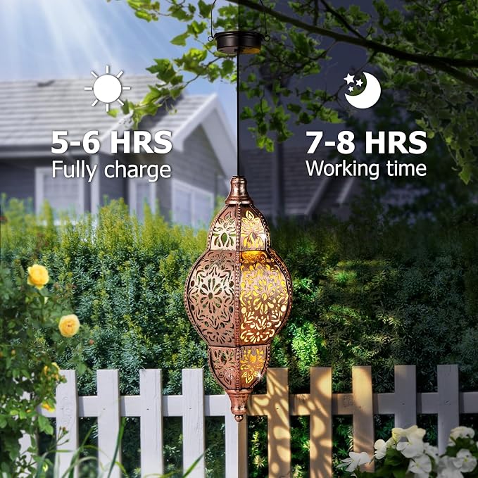 AIINY Hanging Solar Lantern Outdoor Decor, 11.5in Moroccan Solar Lights for Outside Garden Decorations, Waterproof Solar Lanterns Garden Gifts for Mom, Women, Patio, Yard Ornament (Copper)