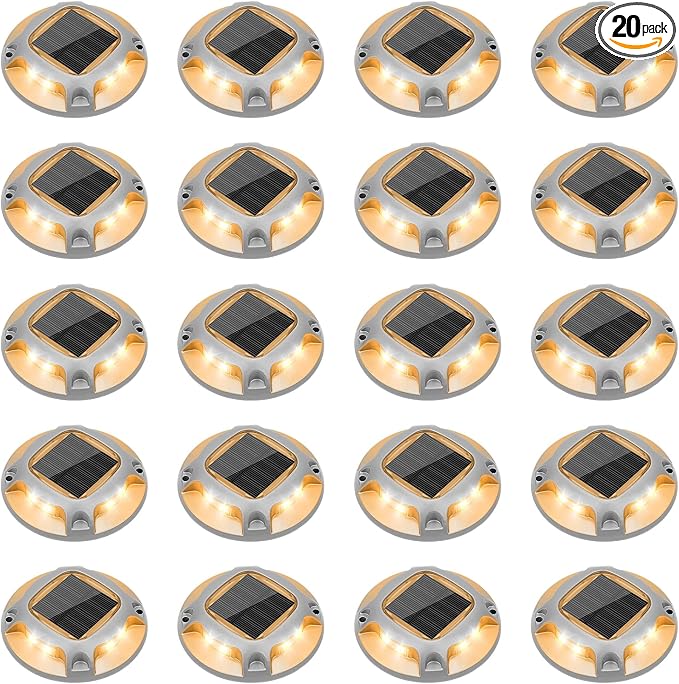 VOLISUN Solar Driveway Lights Dock Marine Lights 20 Pack,2 Colors in 1,Outdoor IP67 LED Deck Light,Solar Powered Waterproof Warning Step Light for Driveway Sidewalk Pathway (White/Warm White)