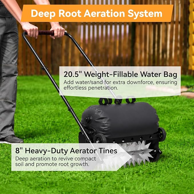 Push Spike Aerator, Heavy Duty Lawn Aerator with 4 Wheels, Rolling Manual Yard Tool with Weight Tray and Steel Handle for Compacted Soil, Garden and Grass Maintenance (22.5-Inch)