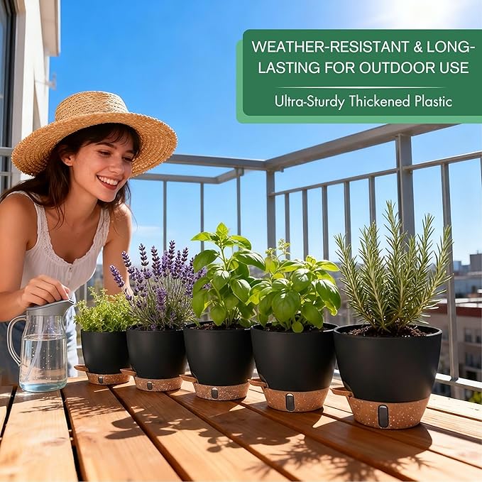 montresor 5-Pack Easy Plant Self Watering Pots for Indoor Plants, 10/9/8/7/6.5Inch PP Plastic Wicking Pots with Water Level Indicator & Plant Pots with Reservoir, Self Watering Planters, Black