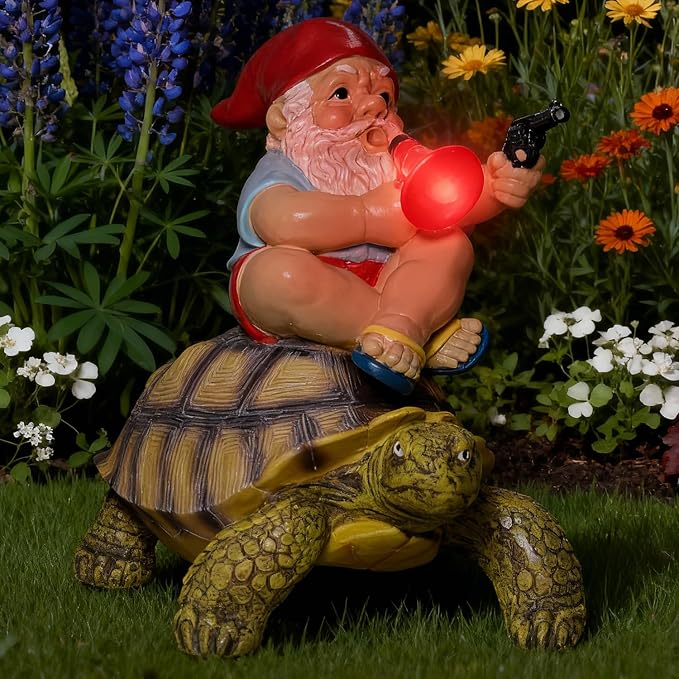 Funny Garden Gnomes Tortoise Decorations for Yard Statue with Solar Lights Outdoor Sculpture Decor