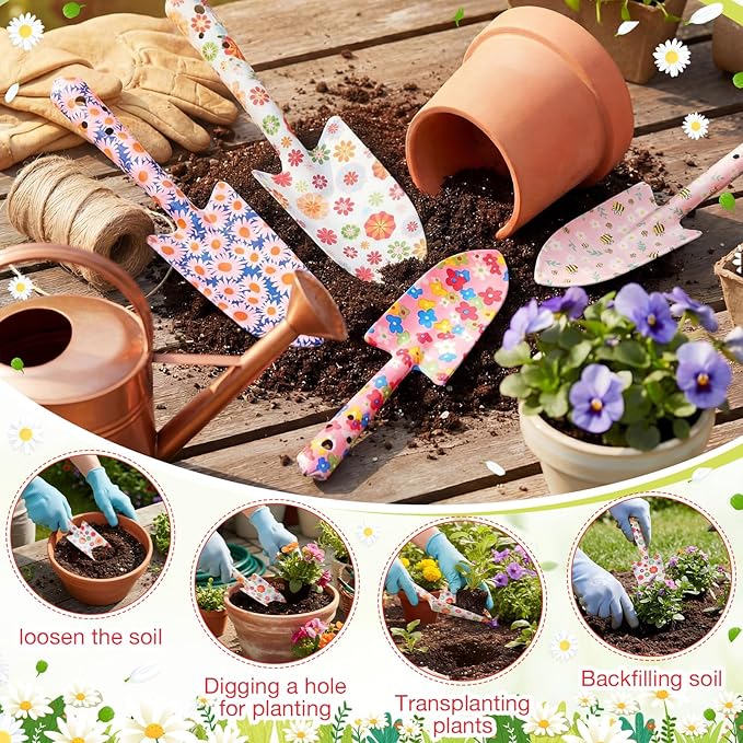 12 Pcs Floral Garden Shovels Bulk Gardening Gift for Women Heavy Duty Metal Garden Tools Floral Hand Shovel Planting for Summer Employees Birthday Thank You Gifts (Pink Daisy)