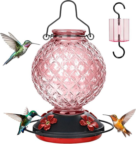 25 OZ Glass Hummingbird Feeder for Outdoors, Leak Proof Hummingbird Feeder with Ant Moat, 4 Bee Resistant Feeding Ports, Easy Clean Wide Mouth Design, 360° Perch, Hanging Nectar Feeder, Pink