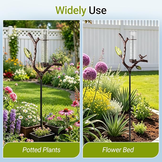 Deepfeel Branch Design Rain Gauge Outdoor – Decorative Rain Gauge for Garden Yard Patio, Easy-to-Read 7" Scale, Freeze Proof Plastic Tube with Metal Stake, Rain Gauges Outdoors Best Rated