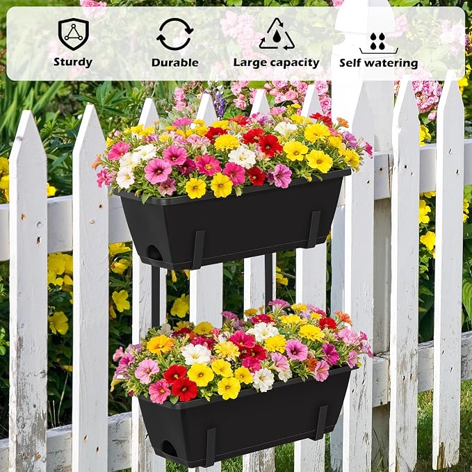 Railing Planter Boxes 2 Pack Window Boxes Planters with 2-Tier Adjustable Brackets, 17'’ Deck Railing Planter Boxes Vertical Balcony Hanging Flower Pots for Fence Rail Porch Garden Decor