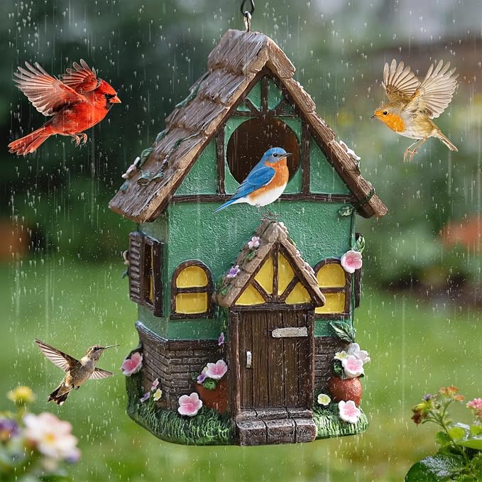 Bird Houses for Outside Rustic Cottage Thatch Roof Birdhouse with Flowers – Hand-Painted Resin Birdhouses for Outdoors for Bluebird Finches Cardinals Bird Nesting Garden, Patio, Yard