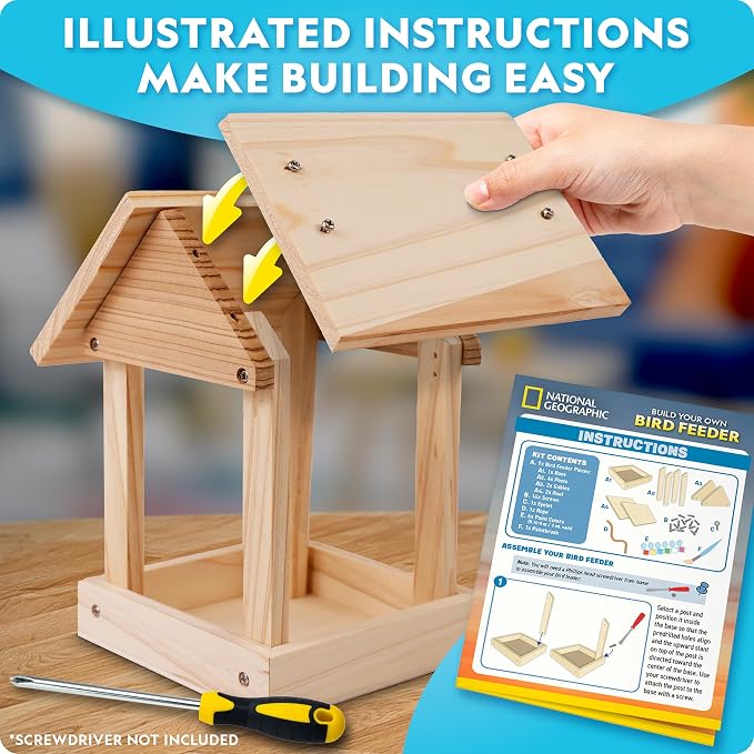 National Geographic Build Your Own Bird Feeder Craft Kit for Kids 6+ – DIY Wooden Feeder Craft with Paints, Brush, Bird-Watching Journal & Educational Poster for Kids, Outdoor Crafts, Bird Watch Kit