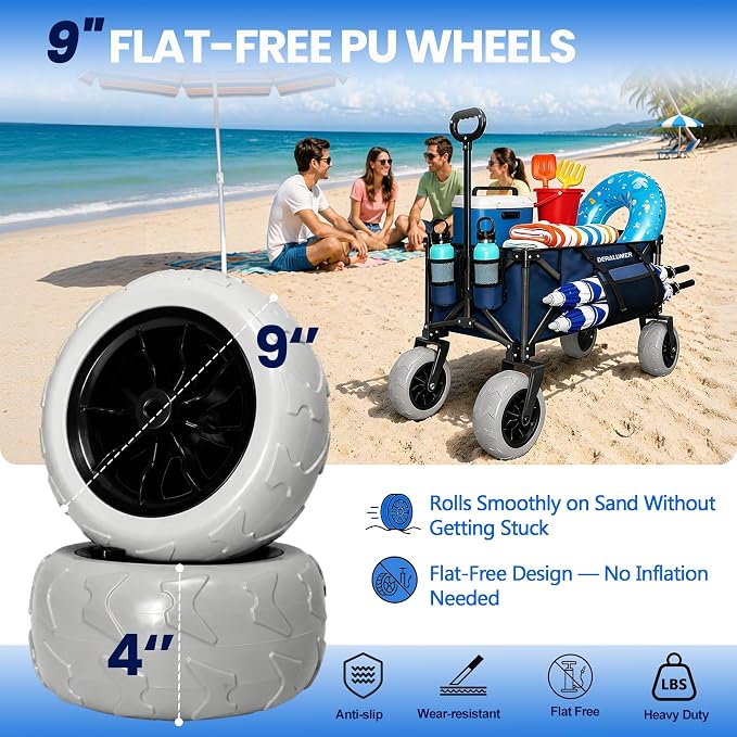 X800 Heavy Duty Beach Wagon with 9x4 Sand-Proof All-Terrain Wheels, 300L Oversized Foldable Wagon Cart with Side Bag, All-Terrain Utility Wagon for Beach Essentials, Sport, Camping (Navy Blue)