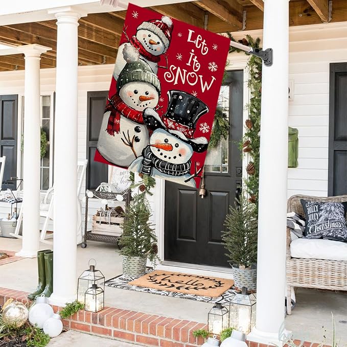 CROWNED BEAUTY Christmas Snowman House Flag 28x40 Inch Double Sided Red Xmas Let It Snow Decoration for Outside Yard CF1898-40