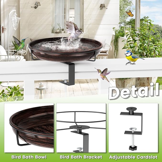 Deck Mounted Metal Bird Bath for Outside, Detachable Birdbath Bowl with Adjustable Steel Clamp, Outdoor Bird Feeder for Railing Balcony Fence Yard Art Garden Decor (Vintage Bronze)