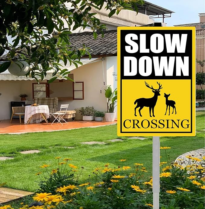 Deer Crossing Slow Down Yard Signs with Stake Safety Sign for Street Rustproof Reflective Aluminum Caution Drive Slowly Watch for Deer Sign Garden Animal Sign for Neighborhoods