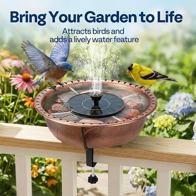 VIVOHOME Deck Mounted Bird Bath with Solar Fountain, Outdoor ABS Birdbath Bowl with Adjustable Metal Clamp, Solar Powered Pump for Railing, Fence, Balcony, 1.45 Gallons, Bronze