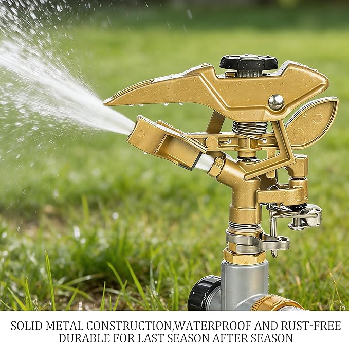 LIULO TOOL 2 Pack Impact Sprinkler for Yard, Heavy Duty Zinc Alloy Sprinkler Head on Metal Step Spike, Adjustable 360 Degree Water Sprinklers Large Area for Irrigation Patio Lawn Garden