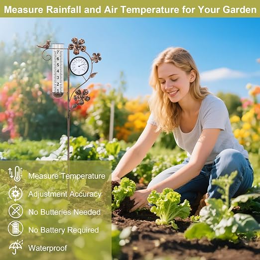Rain Gauge Outdoor with Thermometer Garden Decor, Bird Decorative Outdoor Rain Gauges for Yard Patio Lawn Garden