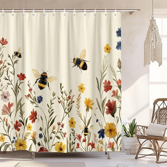 Rustic Boho Floral Bee Shower Curtain, Vintage Chic Bee Botanical Floral Farmhouse Cottagecore Aesthetic Shower Curtain Set with Hook, Nature Garden Plant Shower Curtain for Bathroom 72X72 Beige