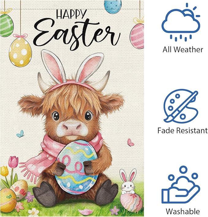 Heyfibro Happy Easter Highland Cow Bunny Garden Flag 12x18 Double Sided Burlap, Cute Cow with Bunny Ears & Easter Egg Yard Banner for Spring Holiday Farmhouse Yard Outdoor Decor(ONLY FLAG)