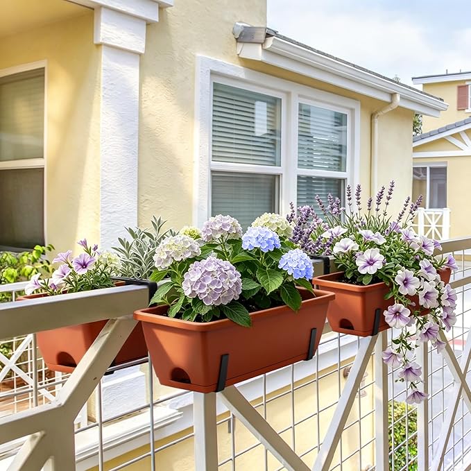 Sunexinlo 4-Pack Railing Planter Boxes with Double-Sided Adjustable Brackets, Plastic Rectangular Flower Boxes with Drainage Holes and Trays for Outdoor Balcony, Deck, Patio, Porch, Fence, Brick Red