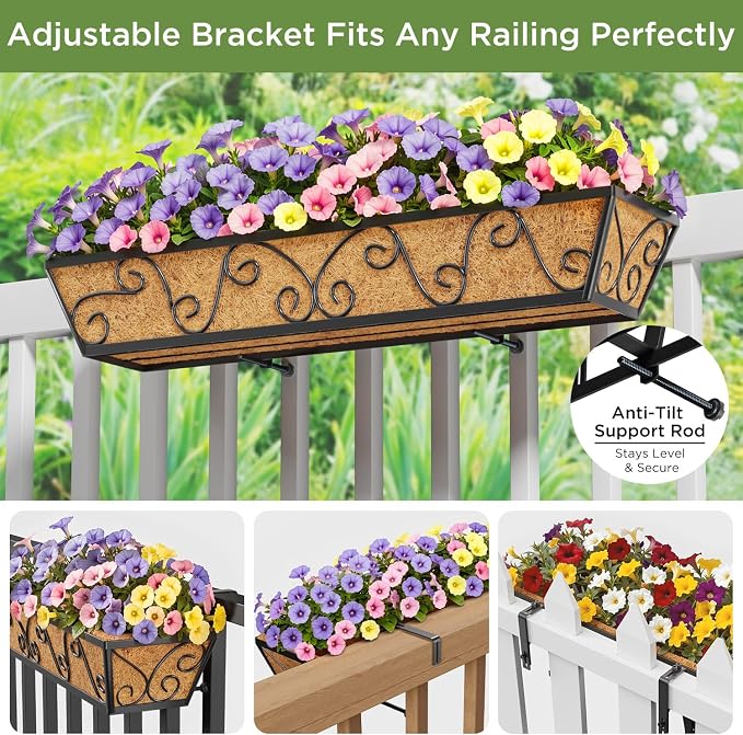 Y&M 4Pcs 30'' Large Railing Planter Boxes with Coco Liner, Outdoor Hanging Window Flower Boxes for Deck, Fence, Porch, and Patio