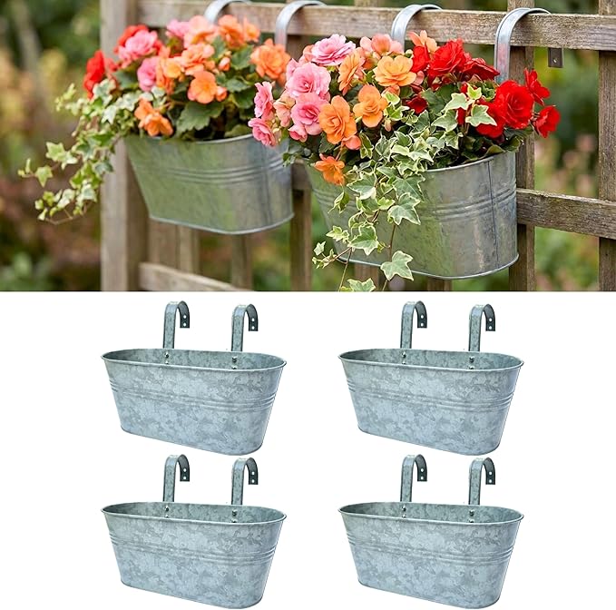 LaLaGreen Outdoor Plants Rail Planter (15 Inch, 4 Pack) Silver Metal Iron Hanging Flower Pot Deck Railings Fence Bucket Modern Boho Style Wall Mount Window Box Plant Wall Hanger Hooks Porch Home Decor