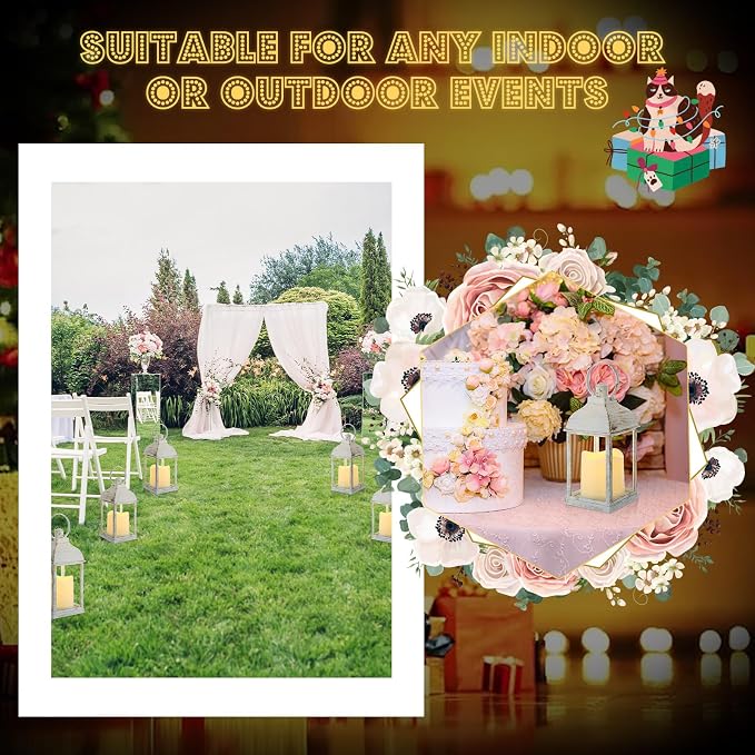 12 Set 10 Inch White Decorative Candle Lanterns Bulk Lanterns Centerpiece with LED Flameless Candle Indoor Outdoor Battery Powered Hanging Lights for Wedding Father Day Party Decoration
