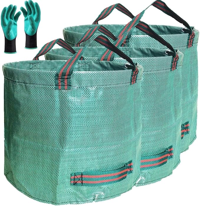 Professional 3-Pack 72 Gallon Big Lawn Garden Bags (D26,H30 in) Reusable Yard Waste Bags with Gardening Gloves for Pruning,Leaf Bag,Yard Debris,Lawn Weeds,Grass Clippings,Hedge Trimmings Bag 4 Handles