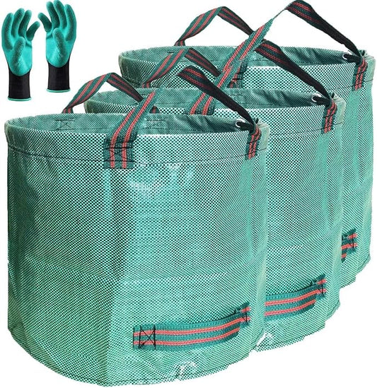 Professional 3-Pack 72 Gallon Big Lawn Garden Bags (D26,H30 in) Reusable Yard Waste Bags with Gardening Gloves for Pruning,Leaf Bag,Yard Debris,Lawn Weeds,Grass Clippings,Hedge Trimmings Bag 4 Handles
