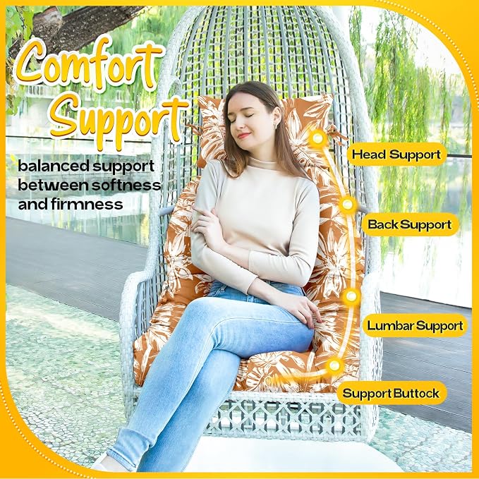 MAGIC ELEPHANT Egg Chair Cushion, Memory Foam Hanging Egg Chair Cushion Replacement, Indoor Outdoor Hammock Basket Swing Cushion with Headrest (Rust Orange Monstera)
