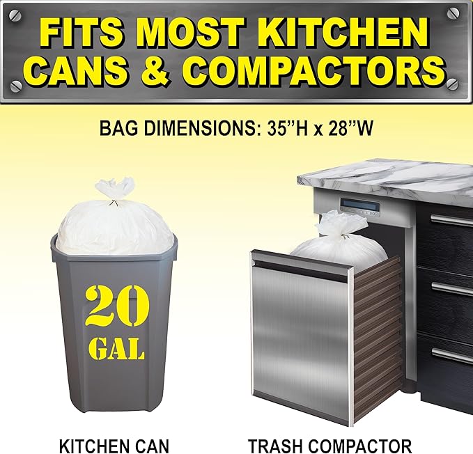 Brute Super Tuff Heavy Duty 2.2 MIL Kitchen Compactor Bags, Twist Tie Closure, White, Clean Fresh Scent with Odor Protect Technology, 20 Gallon, 20 Count