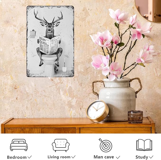 Deer Metal Tin Sign Funny Toilet Vintage Sign for Perfect Black and White Bathroom Decor 12 * 8in
