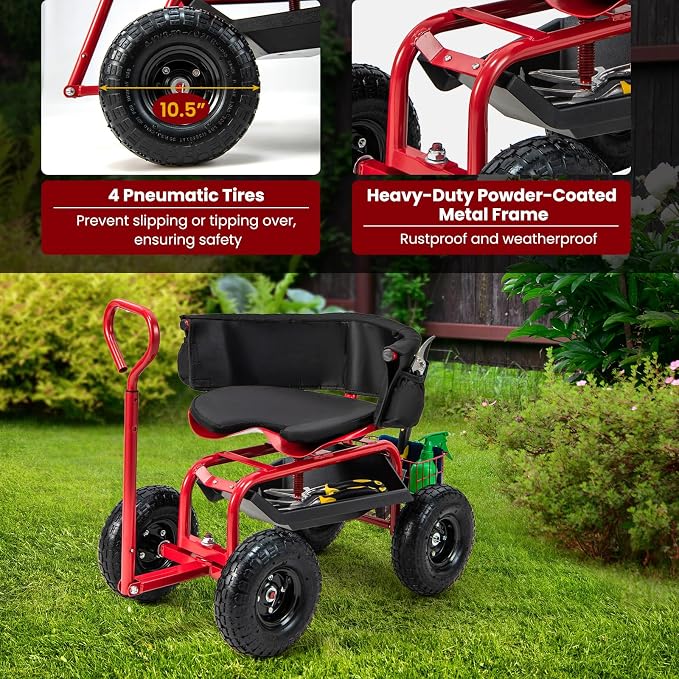 Garden Cart with Seat, Heavy-Duty Rolling Wagon Scooter with Wheels, Height Adjustable & 360° Swivel Seat, Storage Tray, Basket & Handle, Outdoor Gardening Work Seat for Patio Yard(Green)