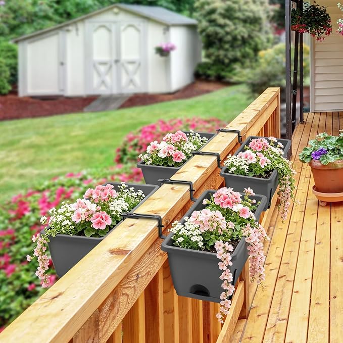 Sunexinlo 4-Pack Railing Planter Boxes with Double-Sided Adjustable Brackets, Plastic Rectangular Flower Boxes with Drainage Holes and Trays for Outdoor Balcony, Deck, Patio, Porch, Fence, Gray