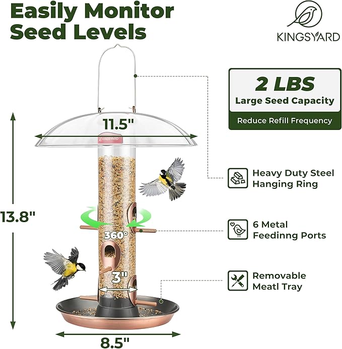 Kingsyard Metal Bird Feeders for Outdoors Hanging, Wild Bird Feeder with Large 11.5" Protective Dome and 8" Removable Tray, 3 lb Seeds Capacity (Antique Copper)