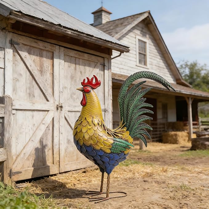 32" Oversized Metal Rooster Statues, Large Outdoor Decor, Metal Chicken Sculpture for Backyard Patio Kitchen Decor
