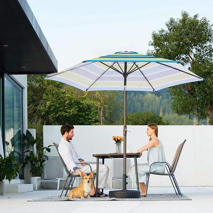 JEAREY 7.5FT Patio Umbrella Market Table Umbrella with 6 Sturdy Ribs, Push Button Tilt/Crank Outdoor Umbrella for Garden, Deck, Backyard, Pool and Beach,Bold Blue-Green Stripe