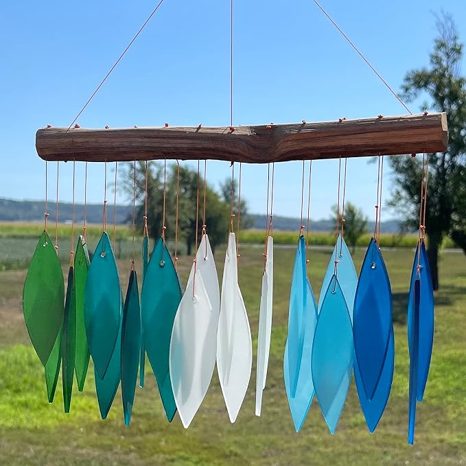 Blue Handworks Gradient Ocean Waterfall & Driftwood Glass Leaves Chime - Sandblasted Glass and Found Wood Handcrafted Wind Chime