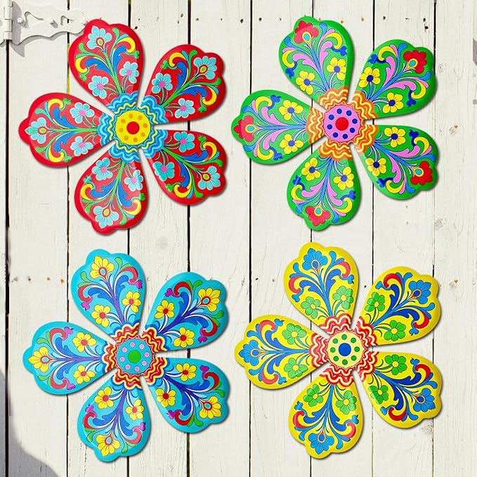 Giyyomtr Metal Flowers Wall Decor - 4pcs Metal Flower Wall Art Hanging Decorations for Outdoor Fence Garden Yard Patio Decor