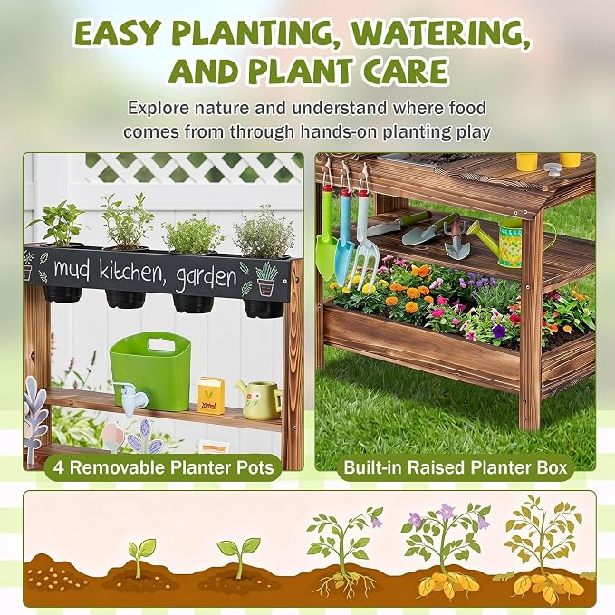 HONEY JOY Mud Kitchen, Fir Wood Kids Potting Bench Table, Removable Sink, 4 Planting Cups, Accessories, Outdoor Play Kitchen for Toddlers, Garden Time Mud Kitchen for Kids Outdoor Backyard