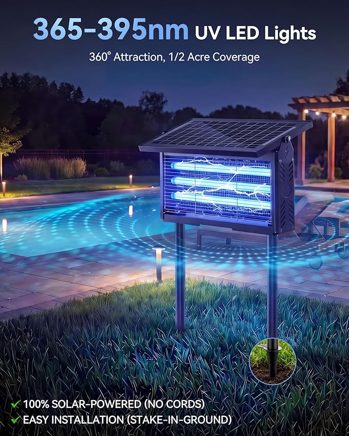 𝟐𝟎𝟐𝟔 𝐔𝐩𝐠𝐫𝐚𝐝𝐞𝐝 3 Tubes Solar Bug Zapper Outdoor, Mosquito Zapper Waterproof Electric Fly Zapper Rechargeable Mosquito Killer, Cordless Fly Insect Trap for Yard, Patio, Home, Garden, Camping