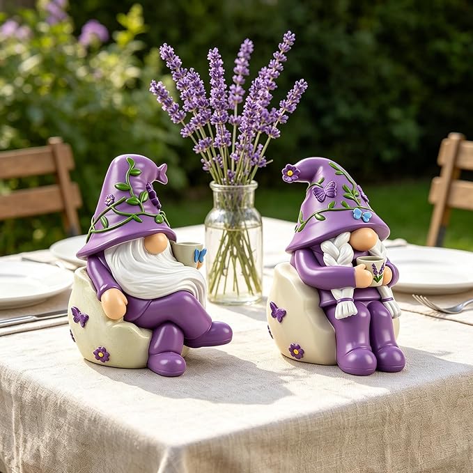 Lavender Gnome Garden Figurines 2 PCS Resin Summer Decorations Indoor Collectible Ornaments Outdoor Yard Decor for Table, Home, Shelf