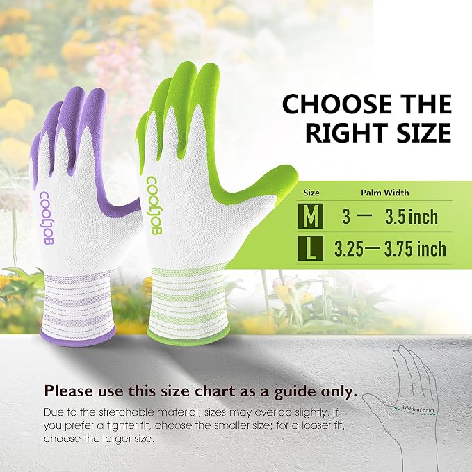 COOLJOB 10 Pairs Gardening Gloves for Women Ladies, Breathable Rubber Coated for Yard Garden, Outdoor Indoor Protective Work, Medium Size, Lavender Purple & Apple Green