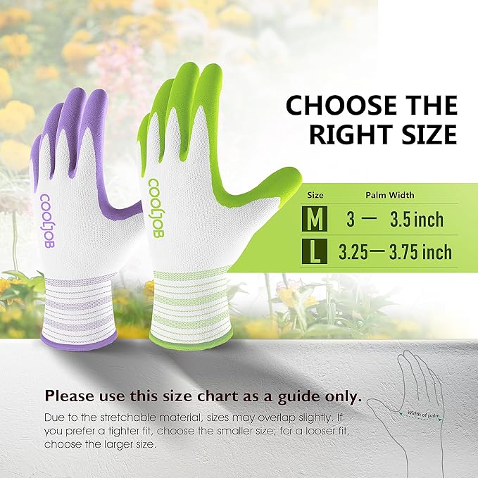 COOLJOB 6 Pairs Gardening Gloves for Women Ladies, Breathable Rubber Coated for Yard Garden, Outdoor Indoor Protective Work, Large, Lavender Purple & Apple Green