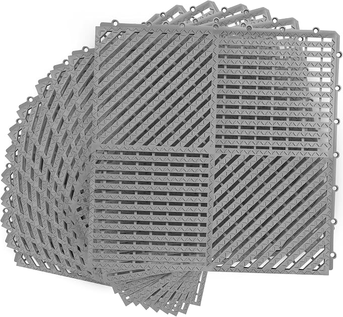 MYFAMIREA Modular Interlocking Cushion 12 Pack 11.8" x 11.8" Rubber Floor Tiles Non-Slip Splicing Drainage Mats for Deck, Pool, Shower, Patio, Balcony, Bathroom, Kitchen, Yard (Diagonal, Gray)