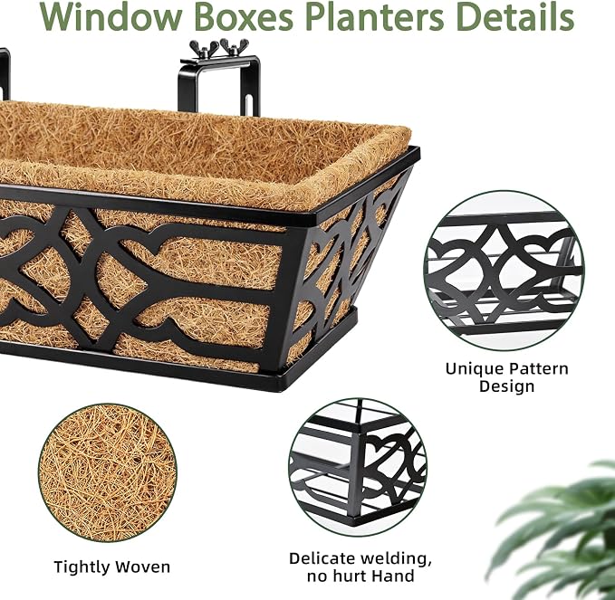 4 Pack 30 Inch Window Boxes Planters with Coco Liner, Large Metal Railing Planter Boxes for Deck, Heavy Duty Hanging Trough for Fence and Front Porch Garden Flower Display