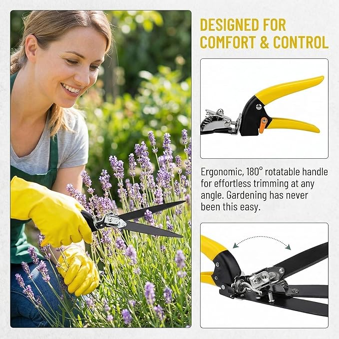 Grass Shears with 90° Rotatable Head, Hand Clippers for Lawn Edges and Garden Trimming, Safety Lock, Spring-Loaded