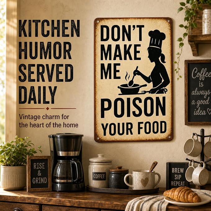 Funny Kitchen Sign – “Don’t Make Me Poison Your Food” Vintage Metal Tin Sign for Home, Chef, or Restaurant Wall Decor – Chef Gift for Men Women Cook Lovers Definition Quotes(kitchen-001)