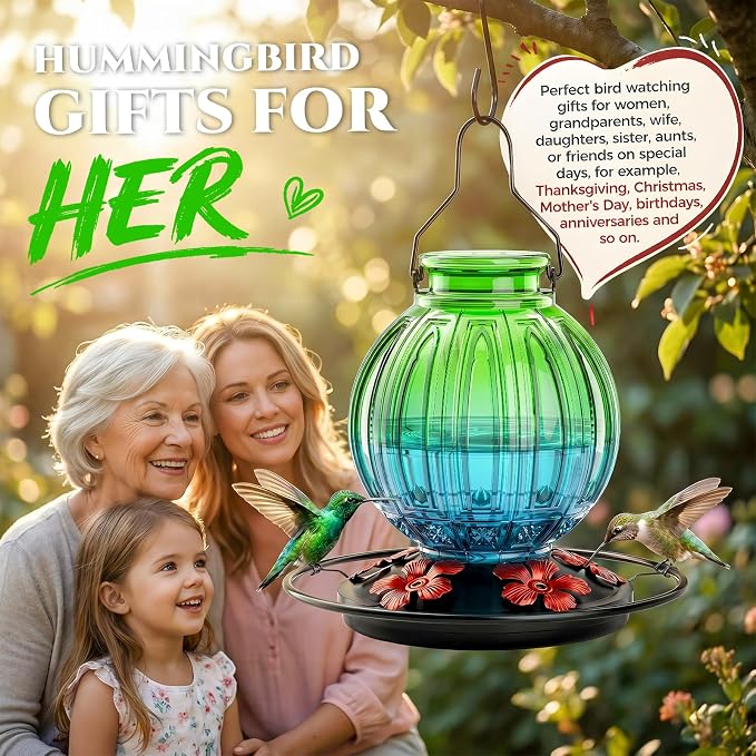 Glass Hummingbird Feeder for Outdoors Hanging, Bird Nectar Feeder with Perch & 5 Flower Feeding Ports, 26 Oz Leak Proof for Outside Garden Decor Backyard, Gifts for Women Mom, Green & Blue