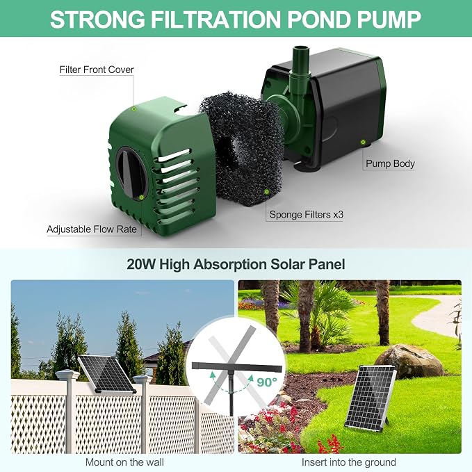 POPOSOAP 20W Solar Pond Filter with Fountain Pump, Solar Pond Pump and Filter Kit for Outdoor Pond Filter Box with Bio Media for Water Gardens, Ponds Up to 280 Gallons P3202